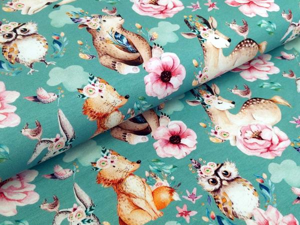 Reststück Baumwolljersey Touching Tiere dunkelmint - Kopie